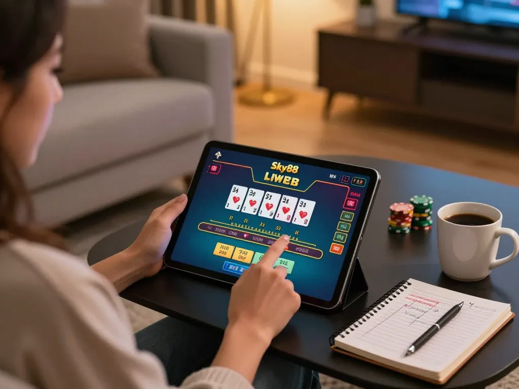 Engaging with Sky88 online blackjack at home, showcasing strategic gameplay in a cozy setup.