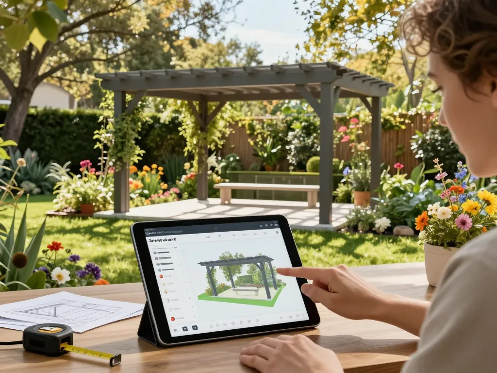 3D Pergola Configurator shown in action with augmented reality in a beautiful garden setting.