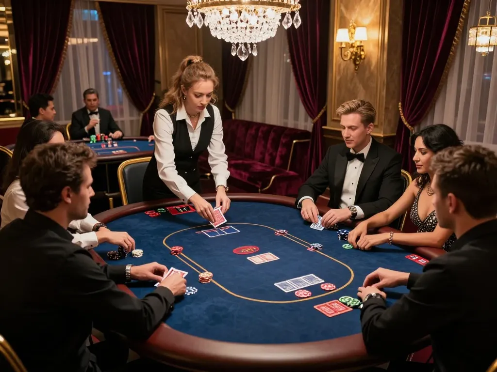 Engaged players at a DA88 poker table in a luxurious casino VIP area, highlighting strategic gameplay.