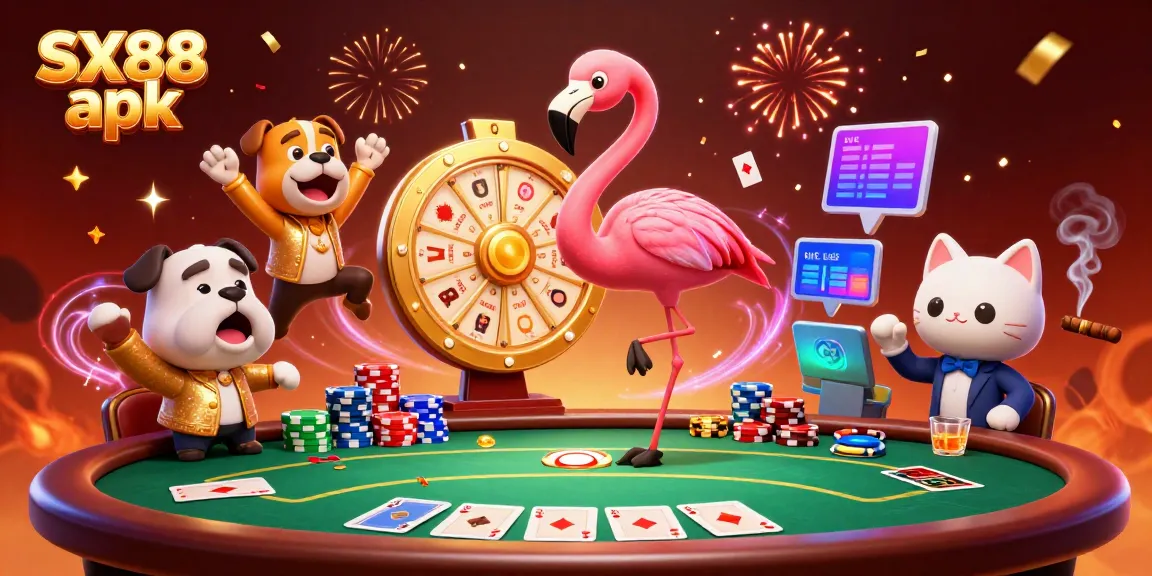 Experience the thrills of SX88 apk with a vibrant 3D casino illustration featuring engaging characters and dynamic gaming elements.