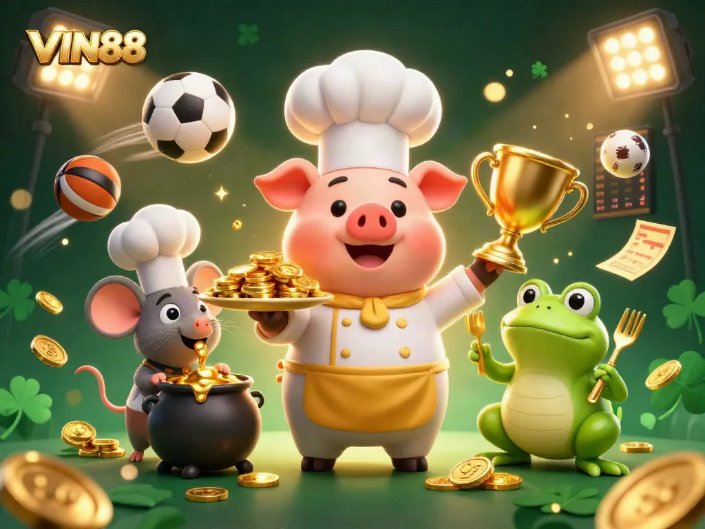 VIN88 bettors enjoy a vibrant casino scene with gold coins and dynamic sports elements.