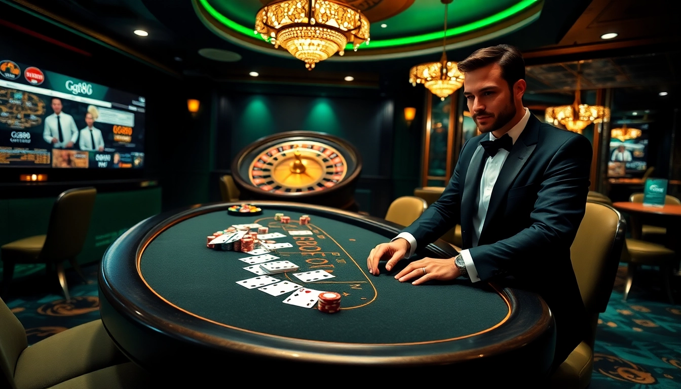 Exciting gaming atmosphere at GG88 casino, showcasing poker chips and cards on a vibrant gaming table.