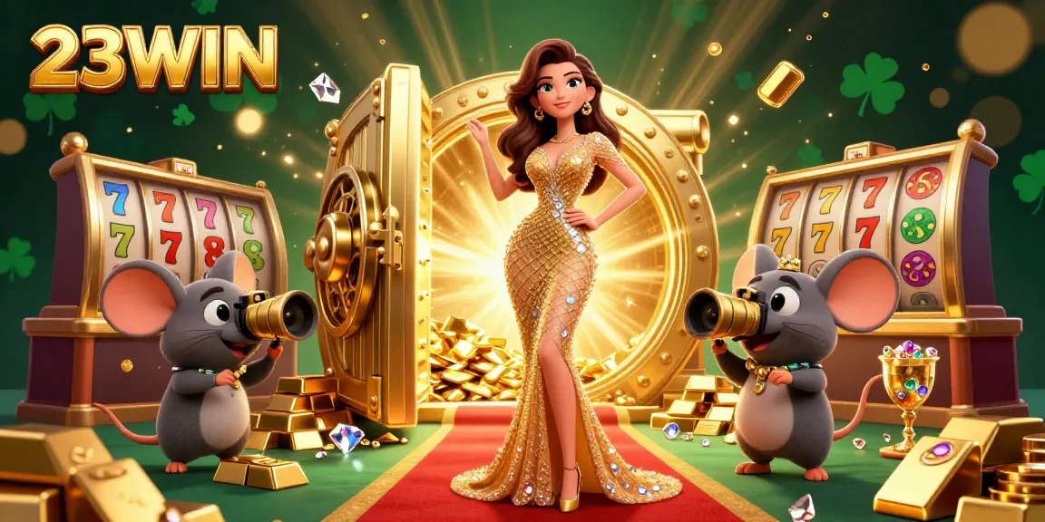 Play slots and win big at 23WIN, featuring a glamorous 3D casino scene with stunning visuals.