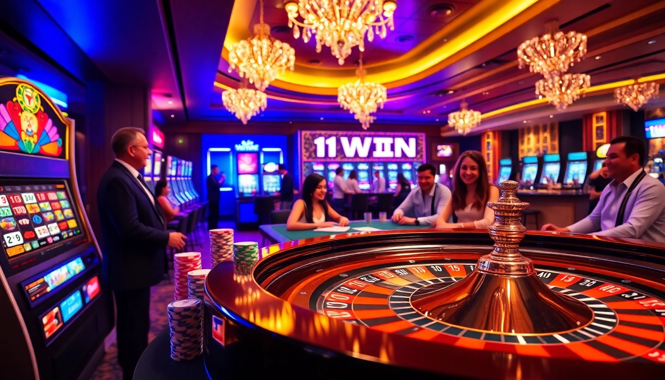 Exciting gaming scene at 11WIN Casino with players at roulette and vibrant slot machines.