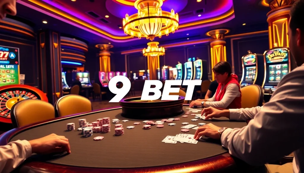 Players engaging in high-stakes poker at a luxurious casino table representing the thrill of 9BET.