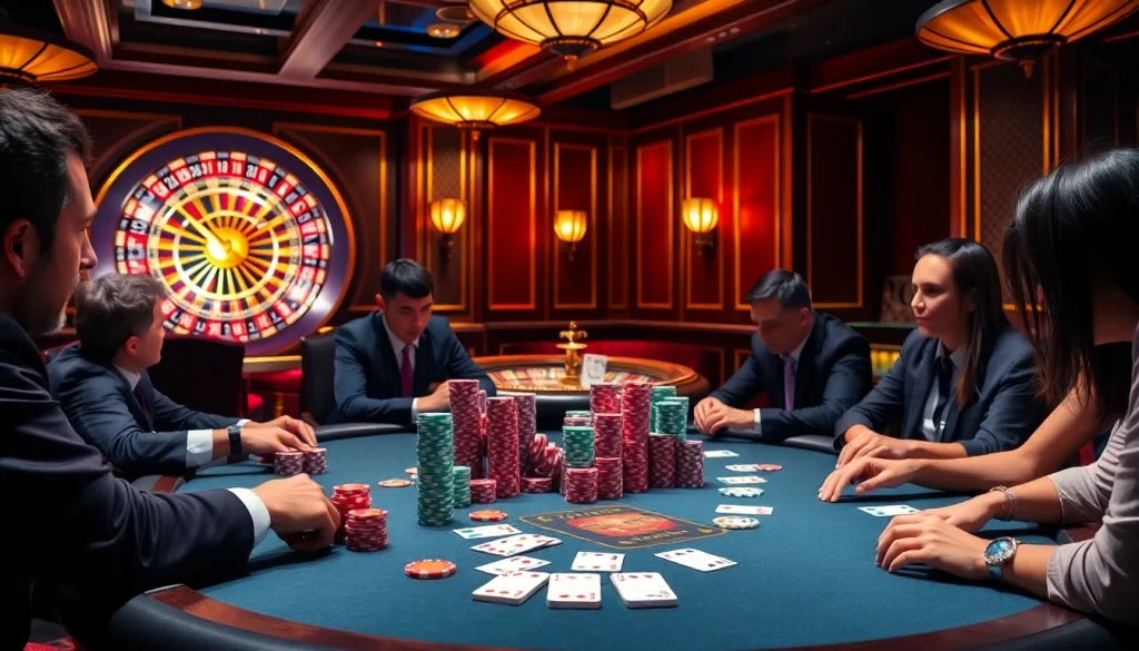 Players engaging in an exciting poker game at ku88 casino, showcasing vibrant chips and cards.