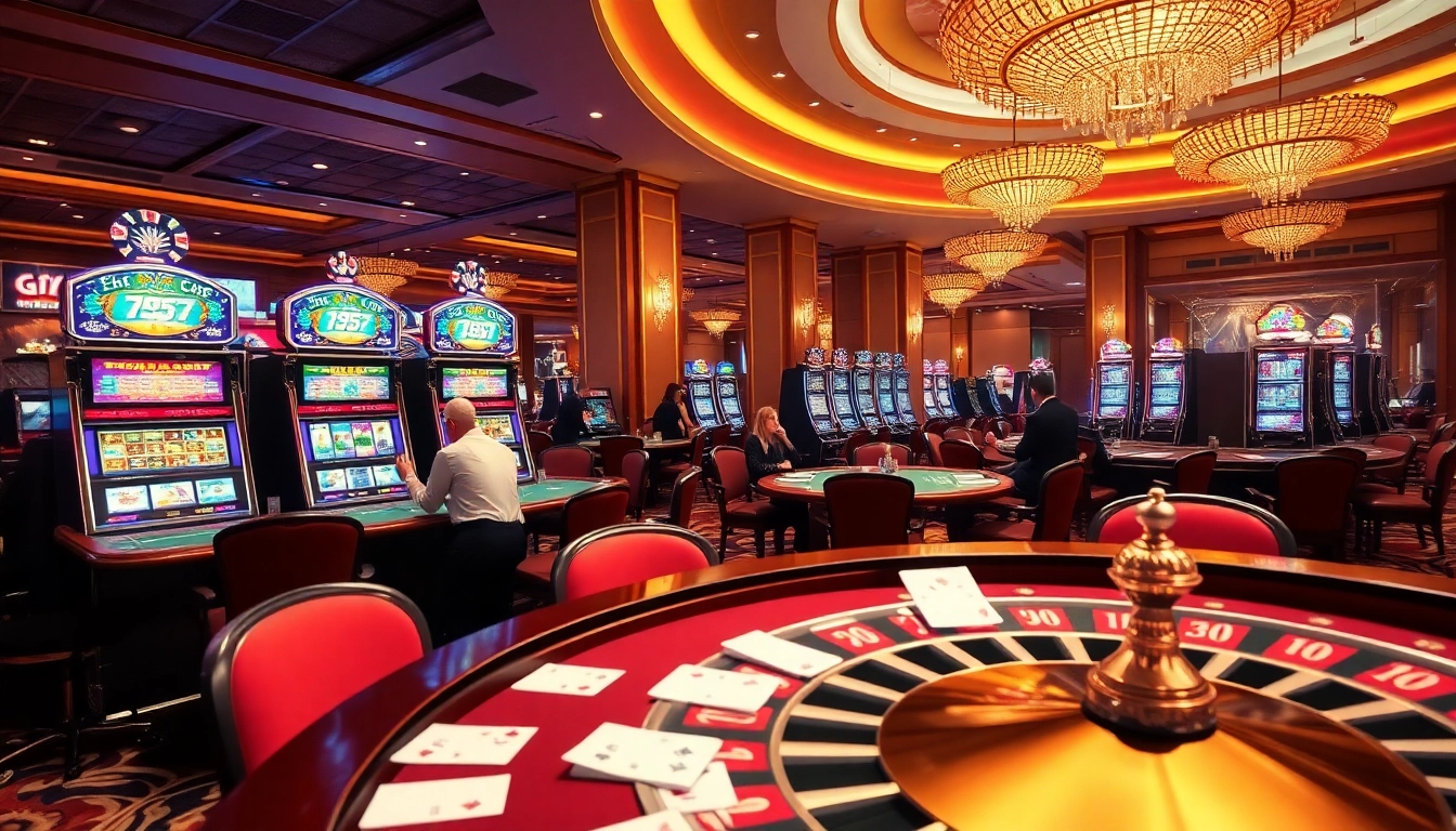 Cổng game gg88 vibrant scene showcasing exciting casino tables and slot machines.