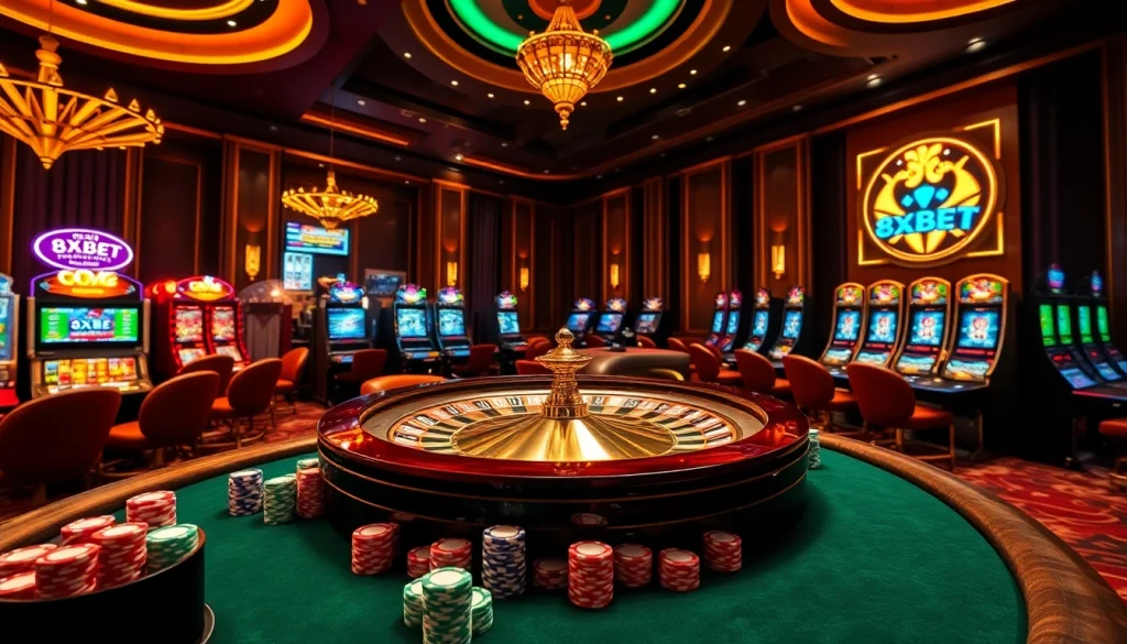 Experience the thrill of 8xbet gaming with an engaging casino scene showcasing a roulette wheel and vibrant slot machines.