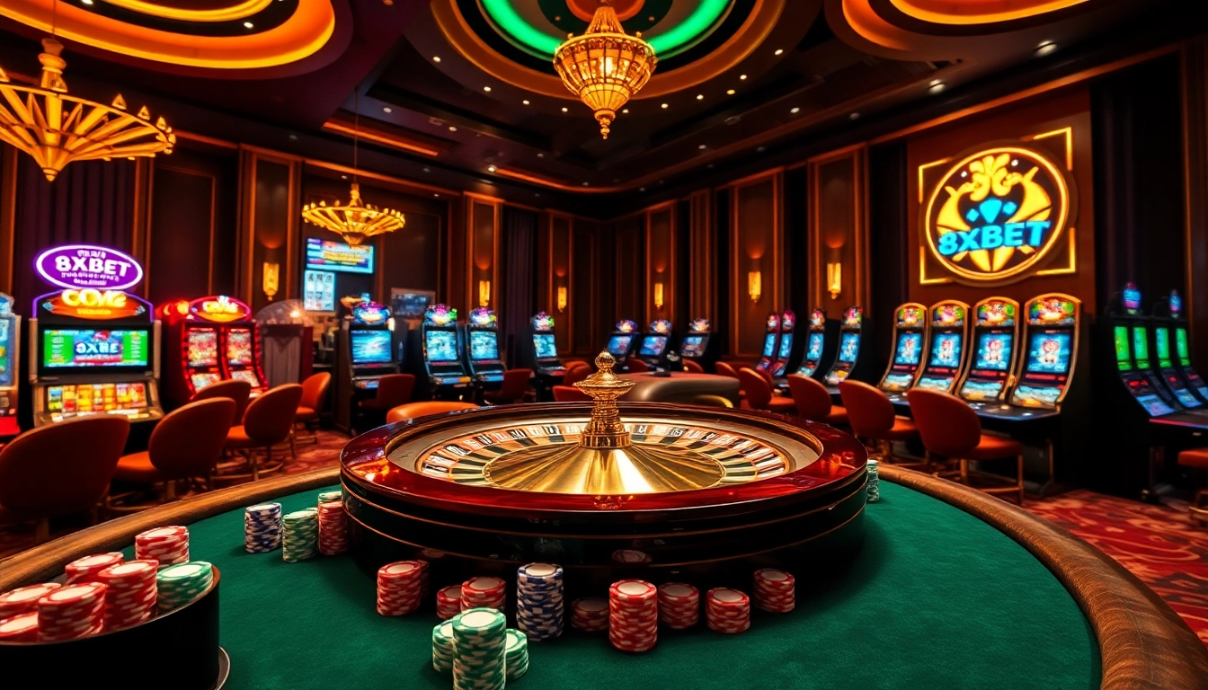 Experience the thrill of 8xbet gaming with an engaging casino scene showcasing a roulette wheel and vibrant slot machines.