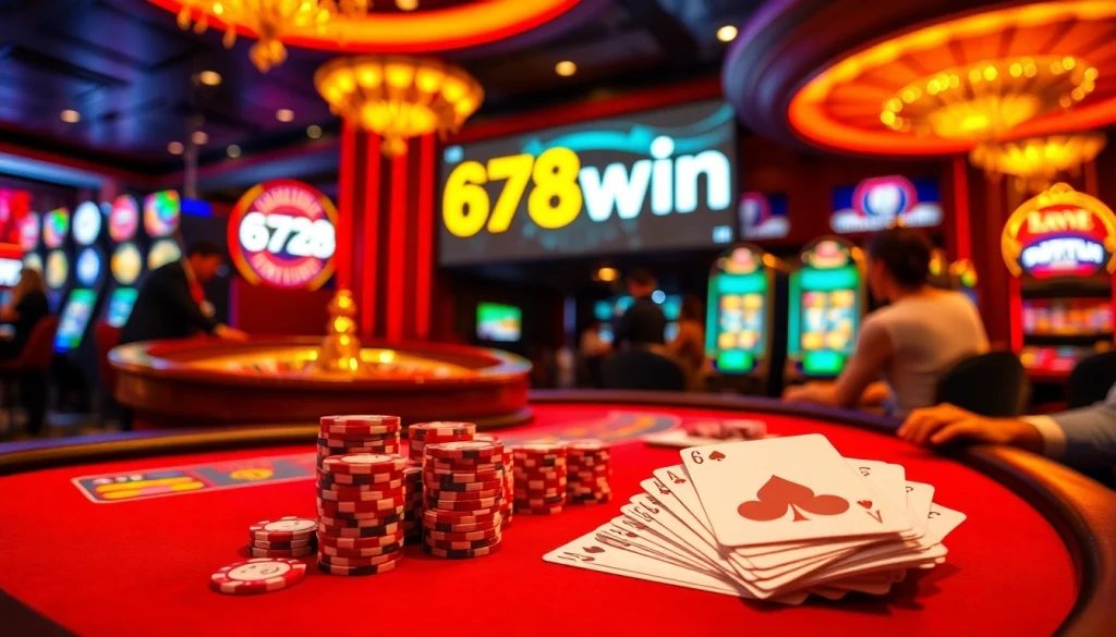 Experience the excitement of 678win at a vibrant casino with poker action and slot machines.