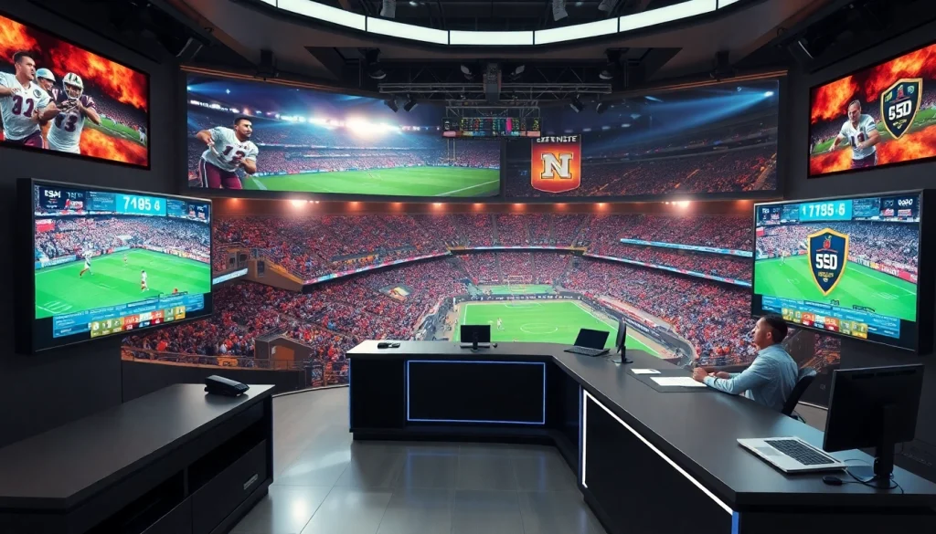 Engaging scene of Sports Broadcasting studio with dynamic game footage and enthusiastic atmosphere.