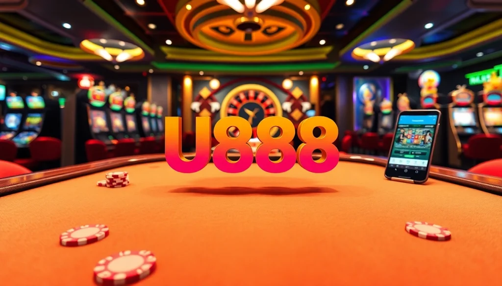 Experience thrilling gaming at U888 with vibrant casino visuals including poker and roulette.