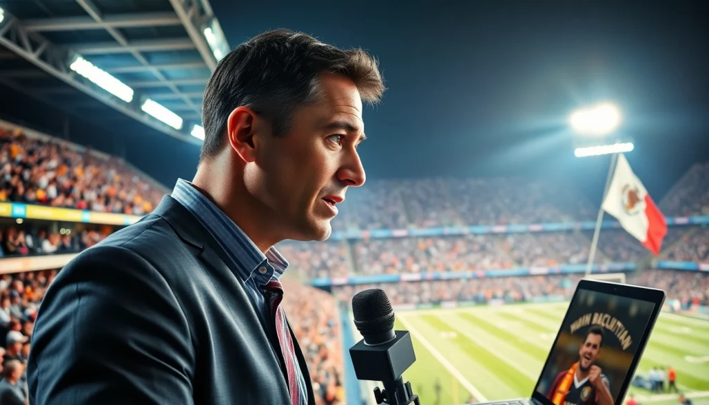 Engaging sports broadcasting scene with a commentator in a lively stadium atmosphere.