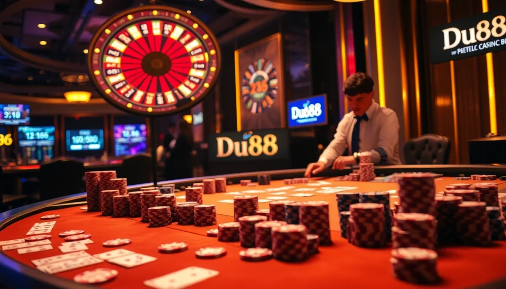Experience the luxury of Du88 casino gaming with vibrant poker chips and an engaging roulette wheel.
