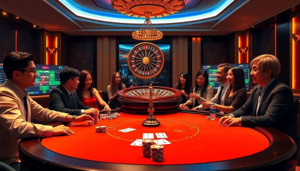 Experience exciting gameplay at Nhà cái f8bet with vibrant poker tables and luxurious casino elements.