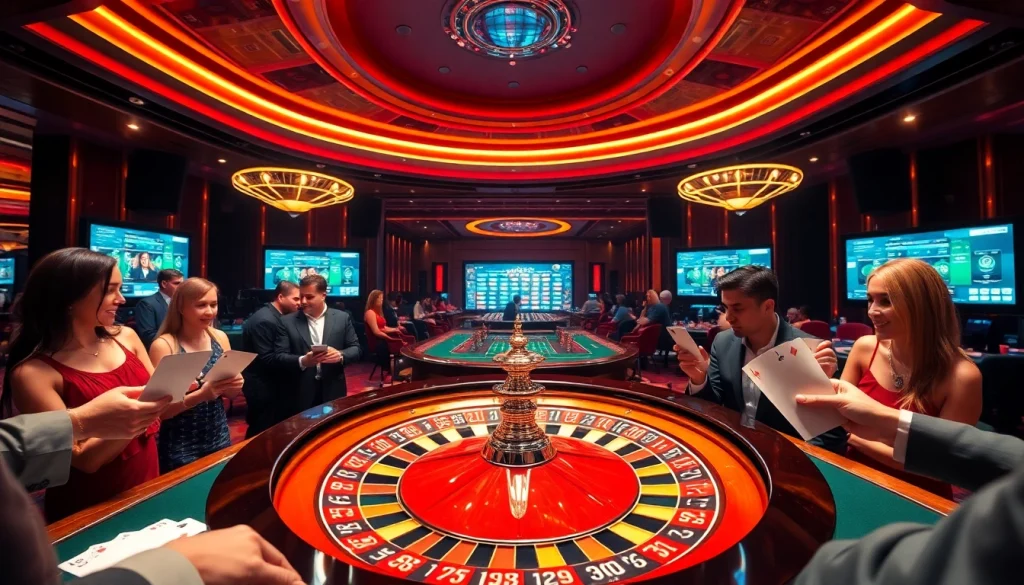 Experience the thrill of casino gaming at https://mm88.press/ with players around a vibrant roulette wheel.