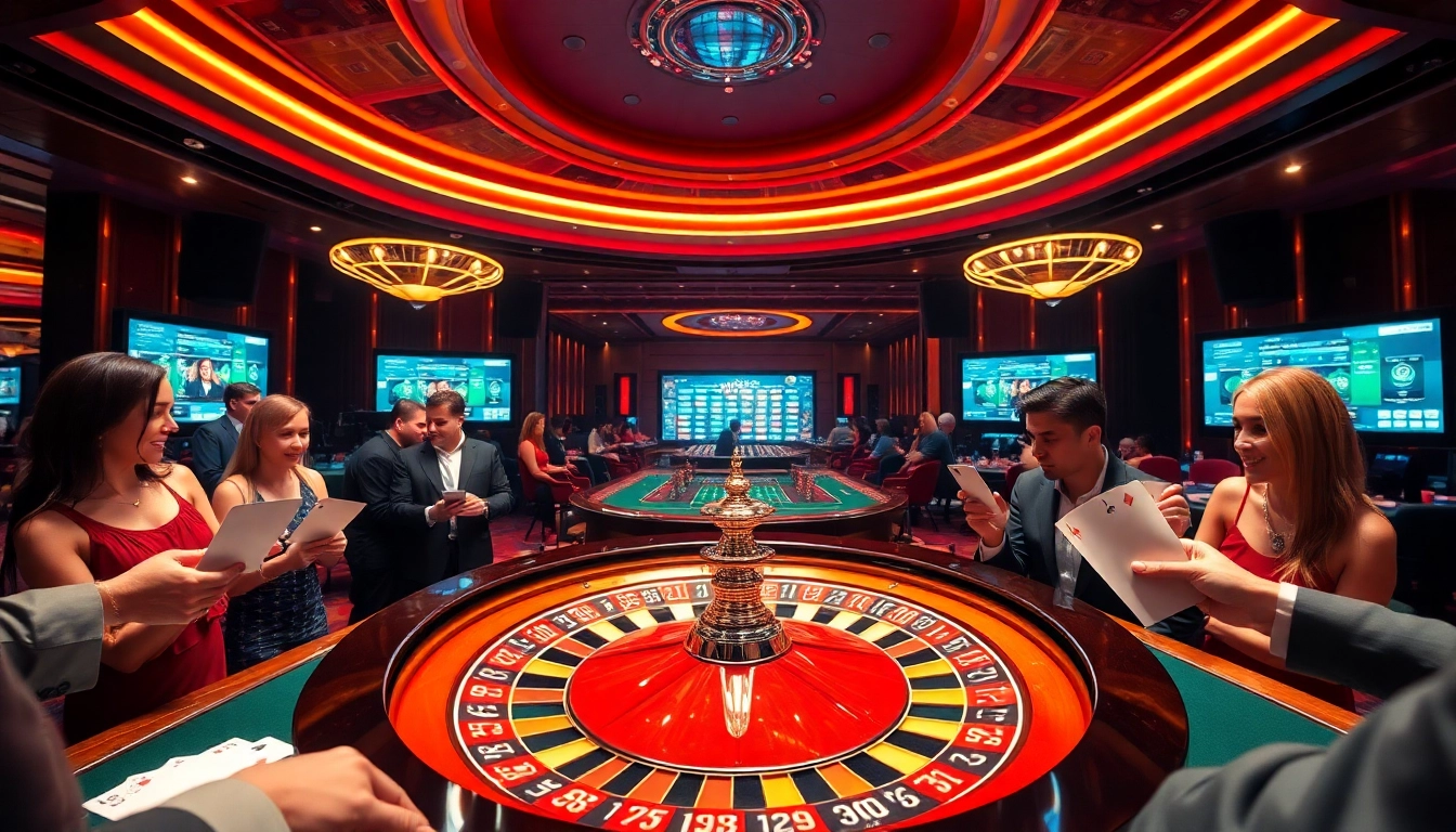 Experience the thrill of casino gaming at https://mm88.press/ with players around a vibrant roulette wheel.