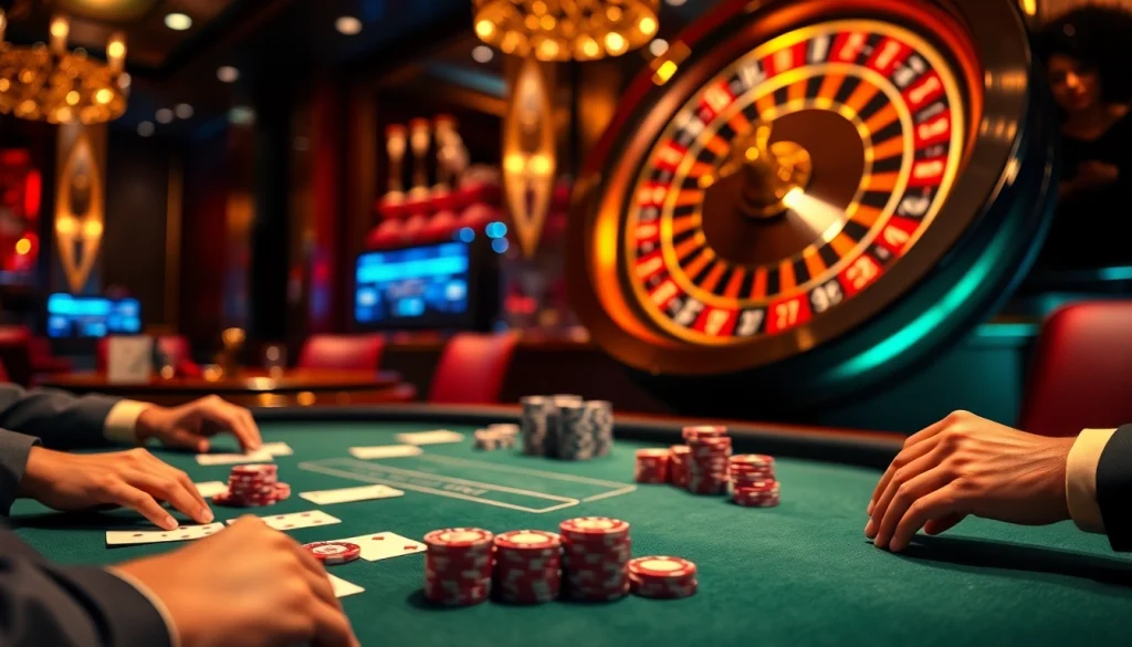 Players enjoying a thrilling game of poker at okwin casino, surrounded by luxurious decor.