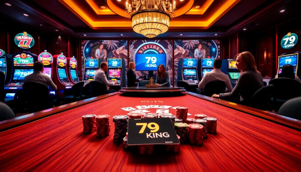 Players enthusiastically engaging at a 79KING poker table in a luxurious casino environment.
