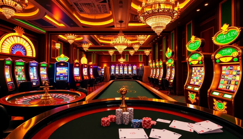 Nohu90 online gambling scene with roulette wheels and slot machines creating an exciting atmosphere.