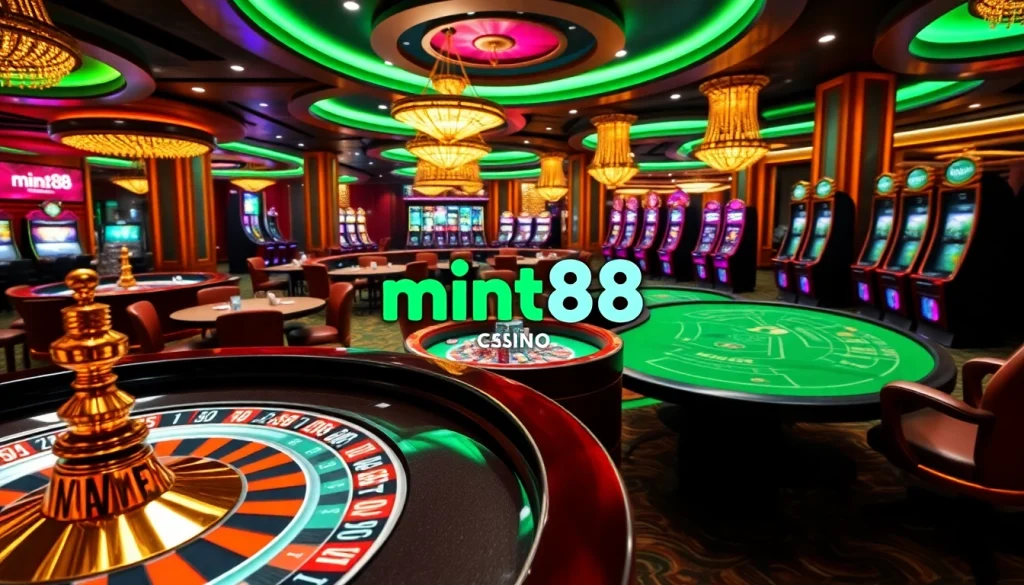 Players enjoying a thrilling casino experience at mint88 with vibrant slot machines and poker tables.