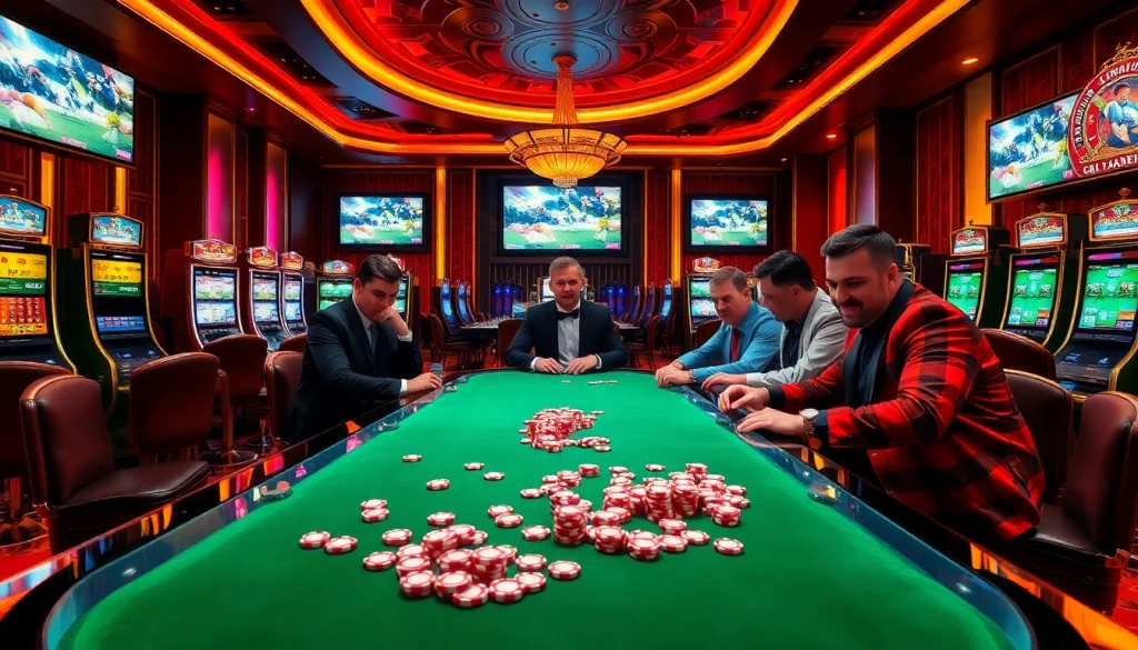 Exciting poker game scene with luongsontv football stream, showcasing vibrant casino energy and action.