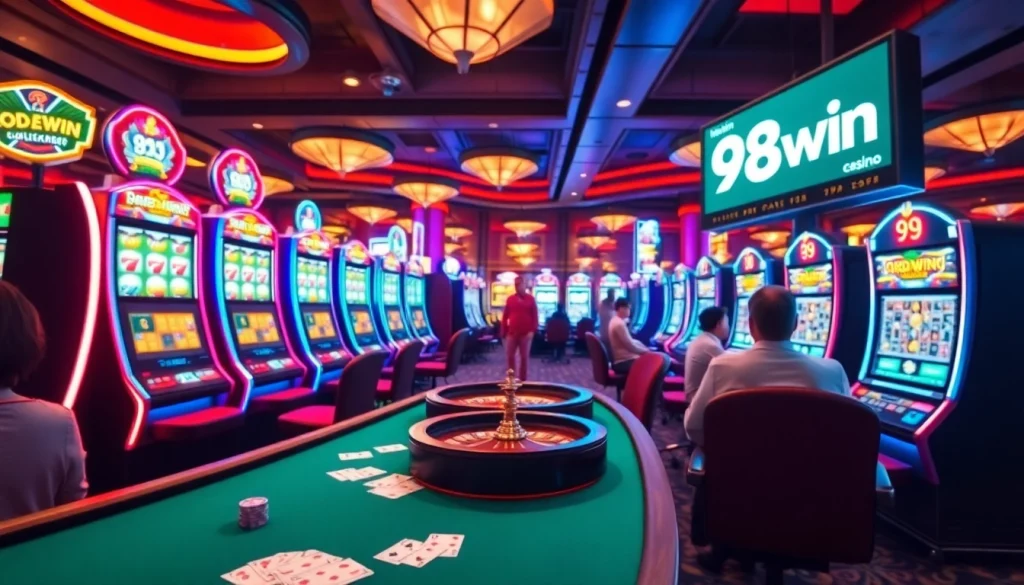Players enjoying the thrill of 98win casino games with vibrant machines and poker chips.