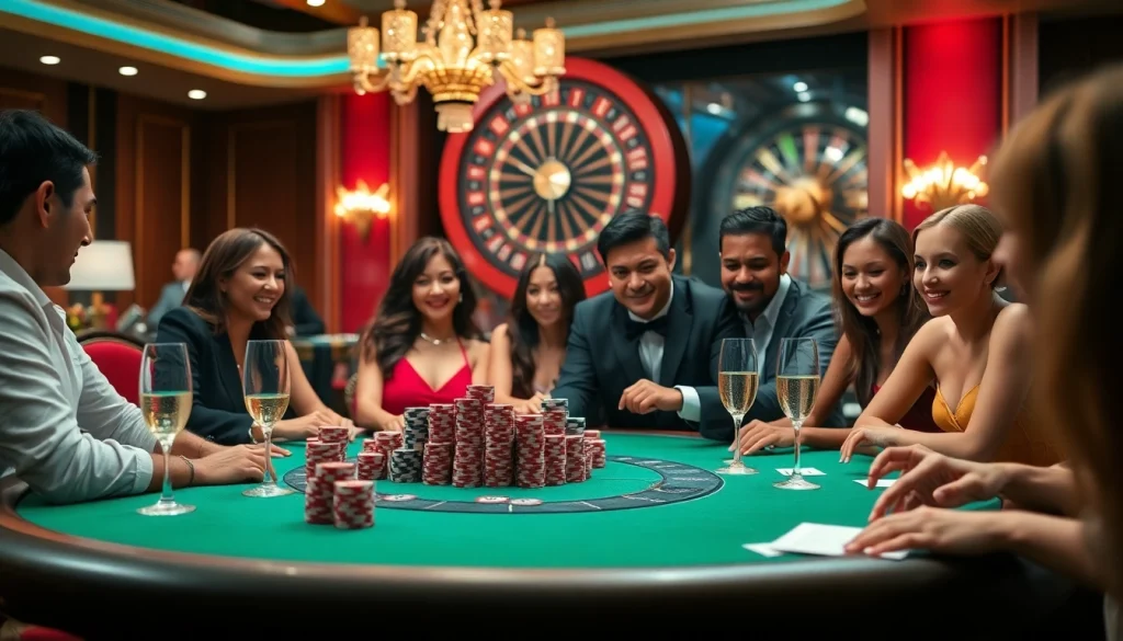 Experience high-stakes gaming action with tr88 poker chips and an elegant roulette wheel in a luxurious casino setting.