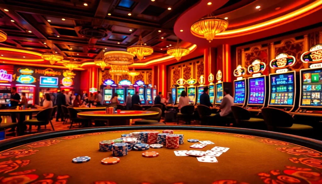 Hitclub trang chủ featuring a vibrant casino environment with excited players engaged in various games.