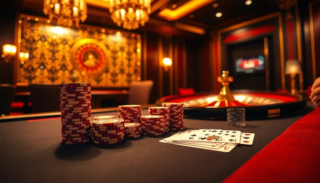 Experience the thrill of gameplay at XX88 with luxury poker tables and vibrant casino elements.