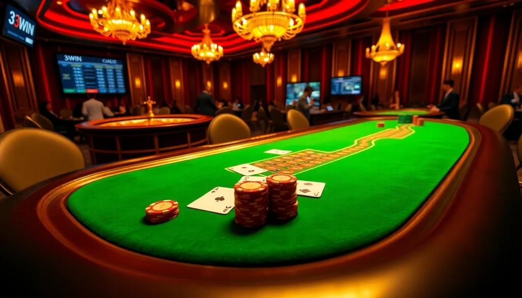 Experience the luxury of gameplay at 3WIN's high-stakes poker table with chips and cards.