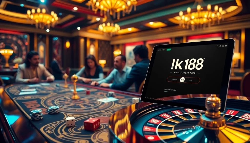 Login Ku88 image showcasing a vibrant casino atmosphere with poker chips and gaming table.