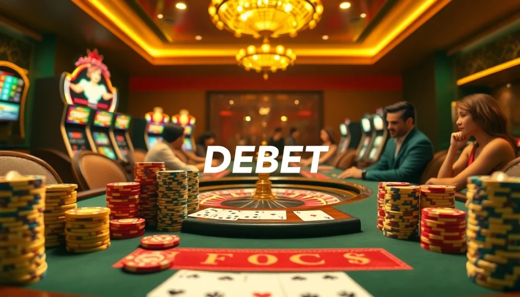 Engaged players enjoying a thrilling poker game at a luxurious casino table highlighting DEBET excitement.