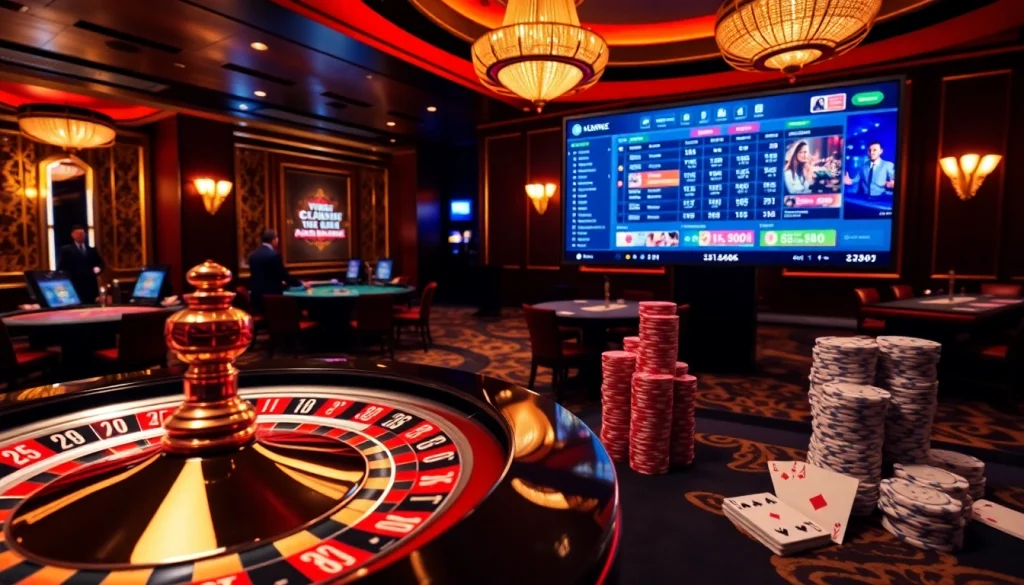 Experience the thrill of gambling at https://may88.work/, featuring a luxurious casino scene with roulette and poker chips.