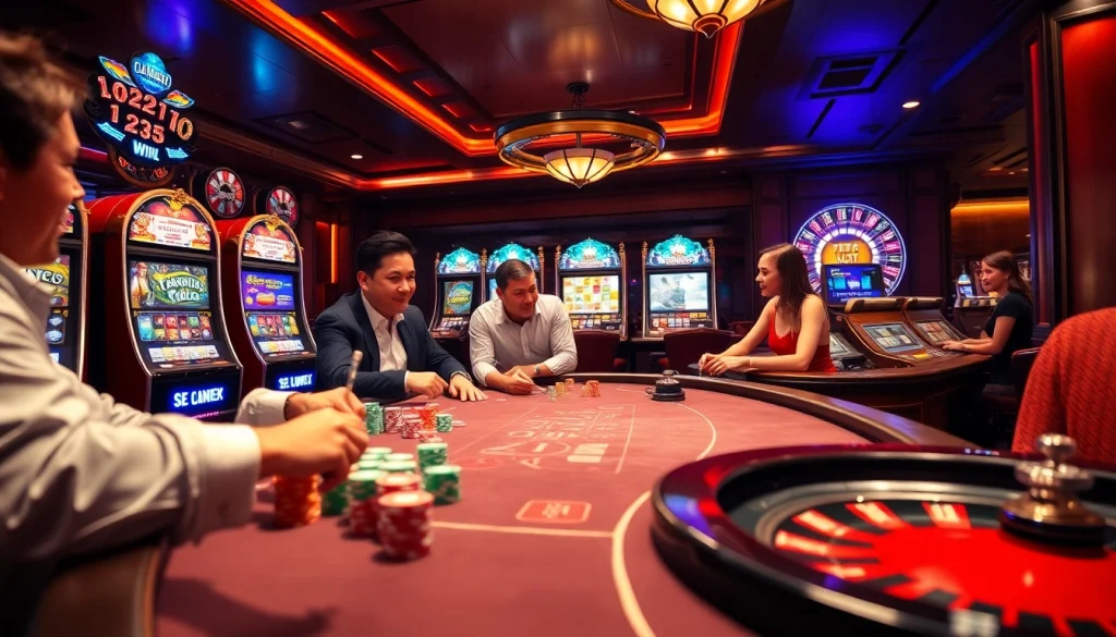 Experience the excitement of playing at https://www.bdjl.win/ with a vibrant casino scene featuring poker and slot games.