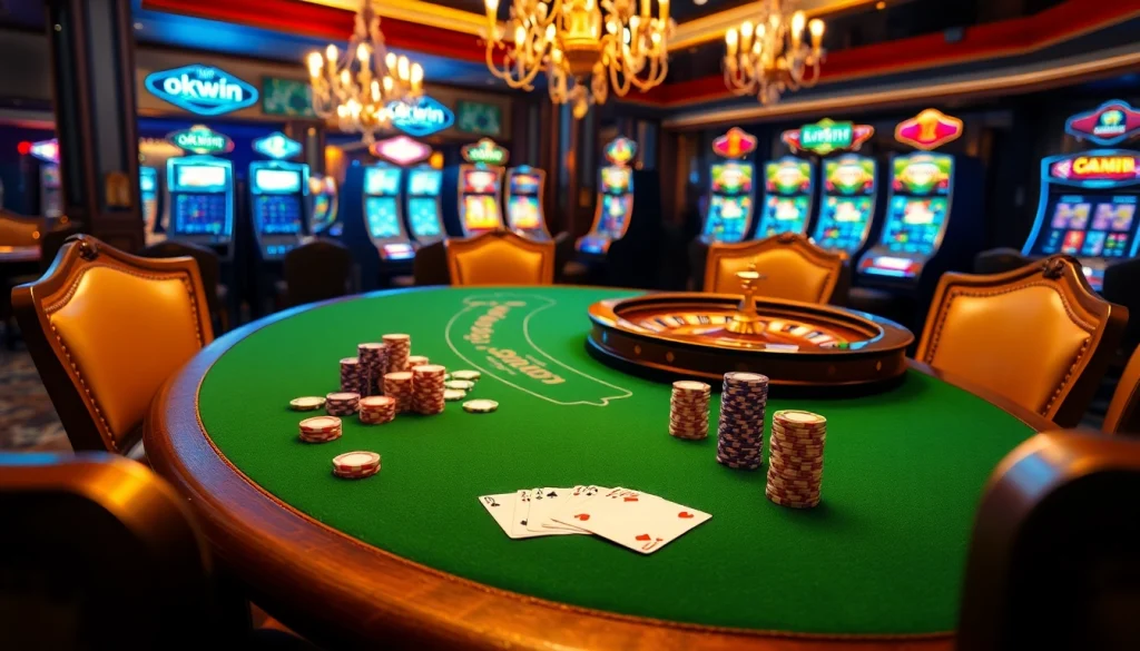 Experience the luxury of okwin in an elegant casino with a poker table, chips, and roulette wheel.