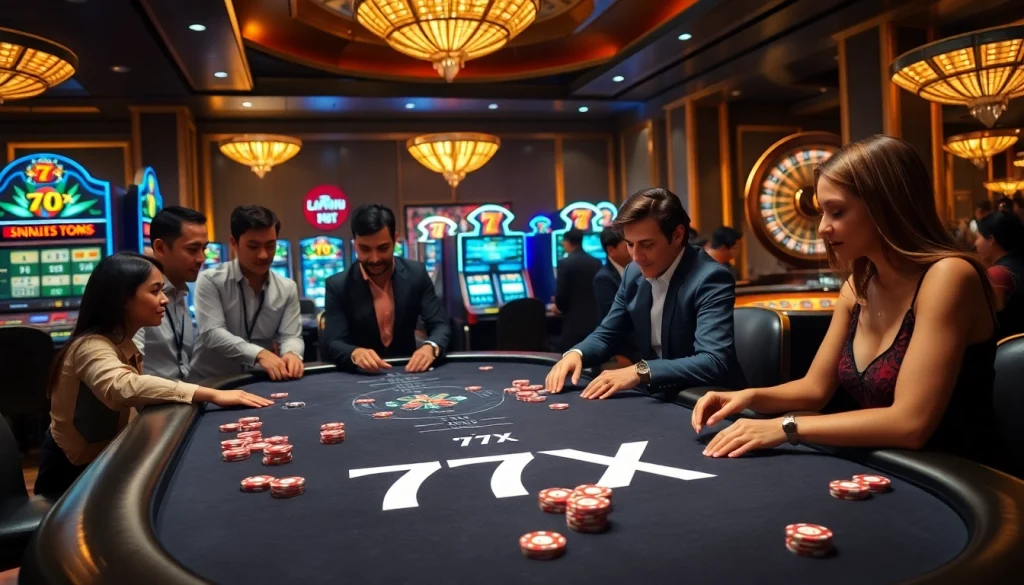 Players enjoying the thrilling 777X casino experience at a high-stakes poker table.