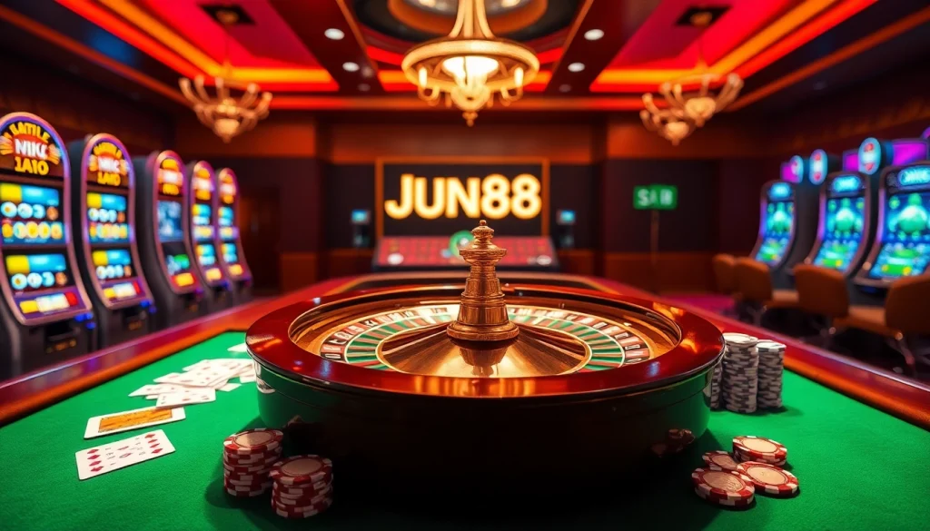 High-stakes casino atmosphere featuring Jun88, poker chips, and a roulette wheel in a luxurious setting.