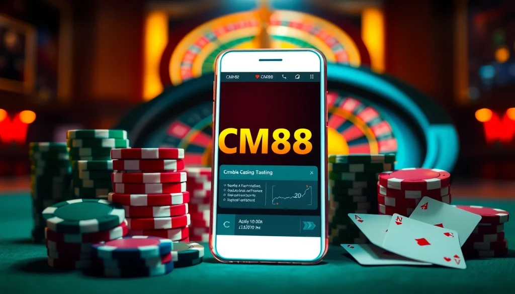 Tải app CM88 for seamless mobile gambling experience with vibrant casino elements.