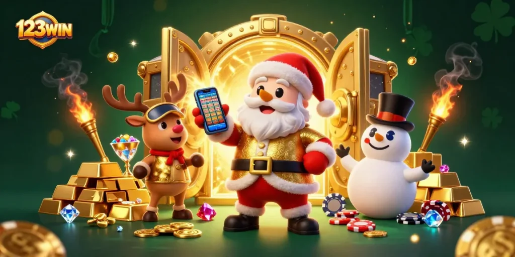 Experience 123WIN with Santa and friends celebrating jackpots in a vibrant casino setting.
