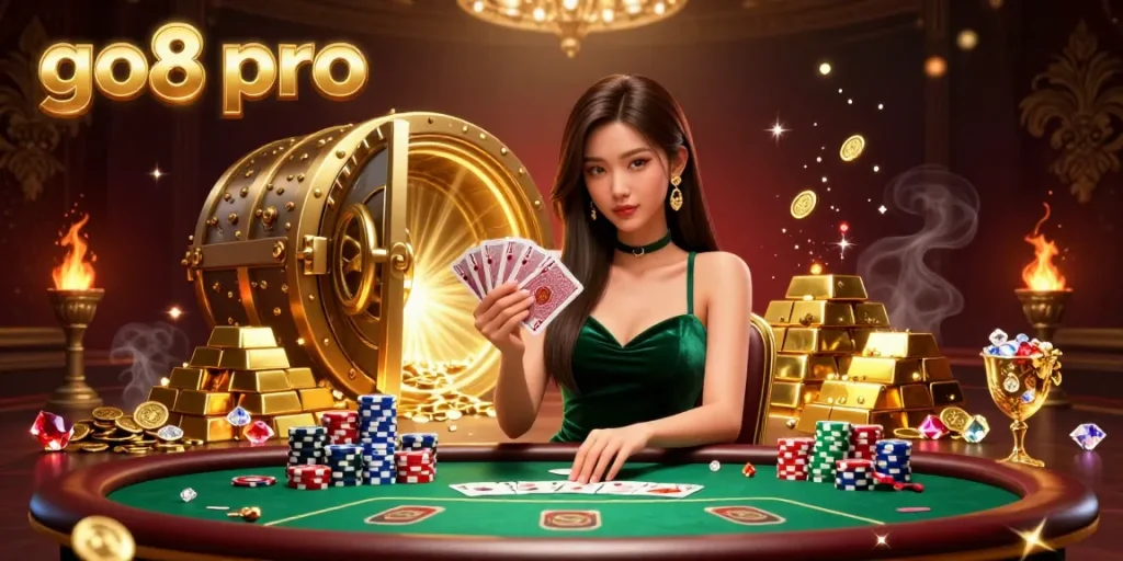 Experience the thrilling action at go8 pro with a strategic poker player surrounded by gold and jewels.
