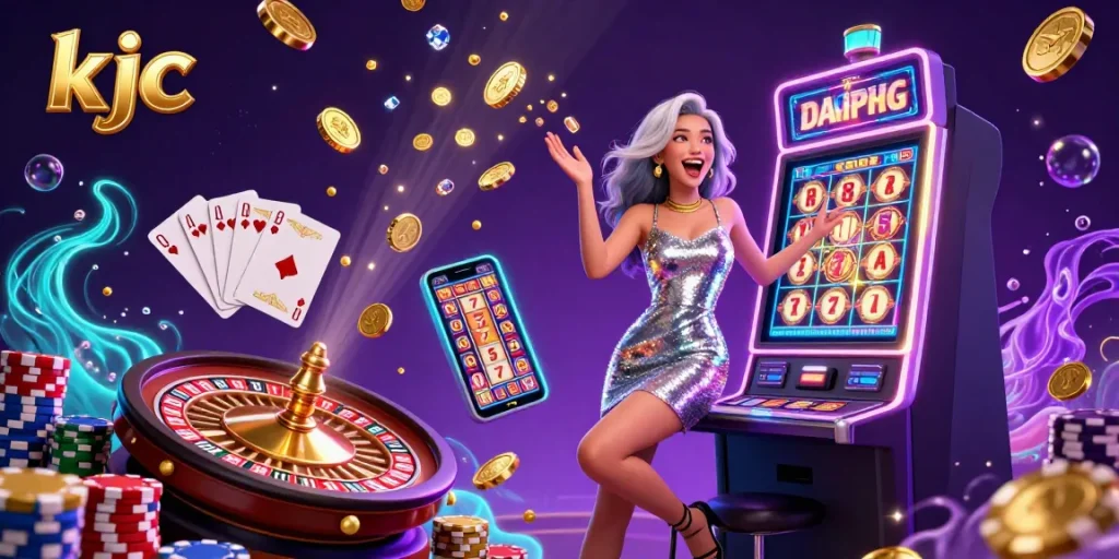 Experience thrilling slot action at kjc with vibrant neon lights and jackpot excitement.