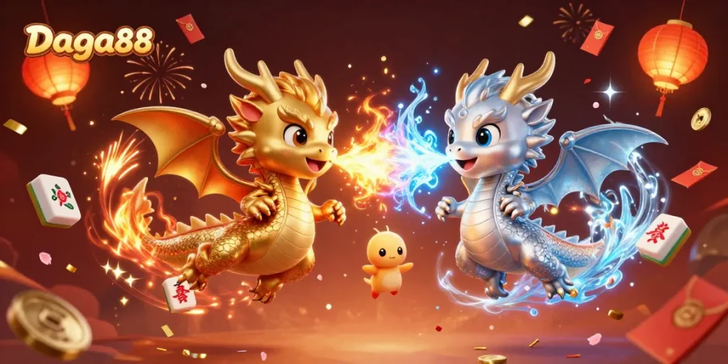 Experience the thrilling world of Daga88 with dynamic dragons and festive casino elements.