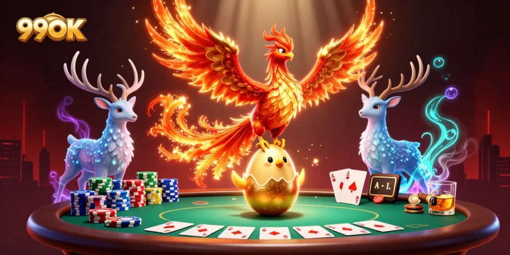 99OK players enjoy a dynamic poker scene with phoenix and stag characters in stunning 3D art.