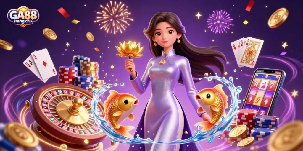 Experience winning moments at GA88 trang chủ with a vibrant 3D illustration of casino excitement, showcasing vibrant games and character interactions.