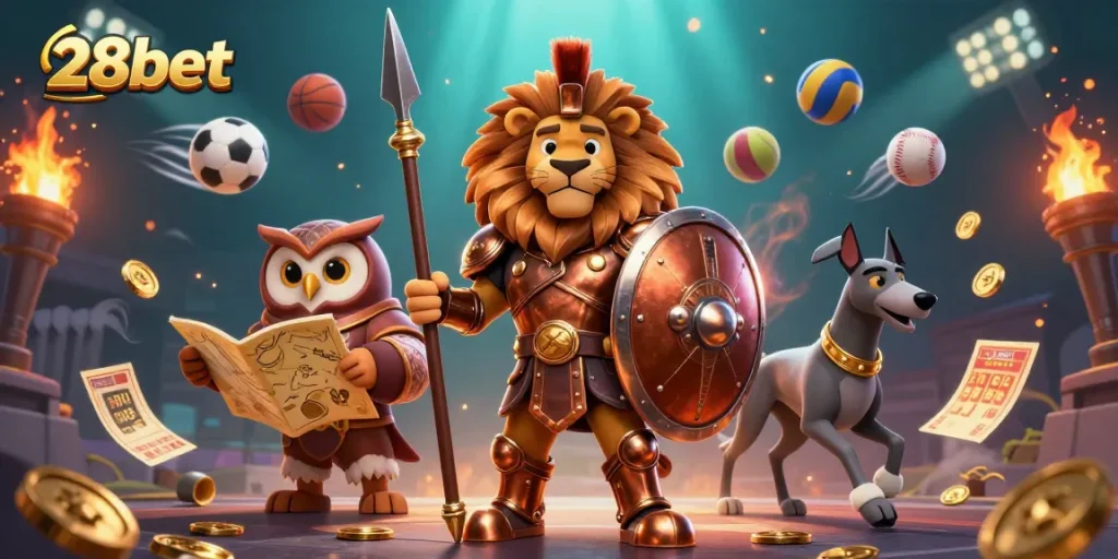 Engage with thrilling sports betting at 28bet featuring a Spartan lion amidst dynamic game elements.