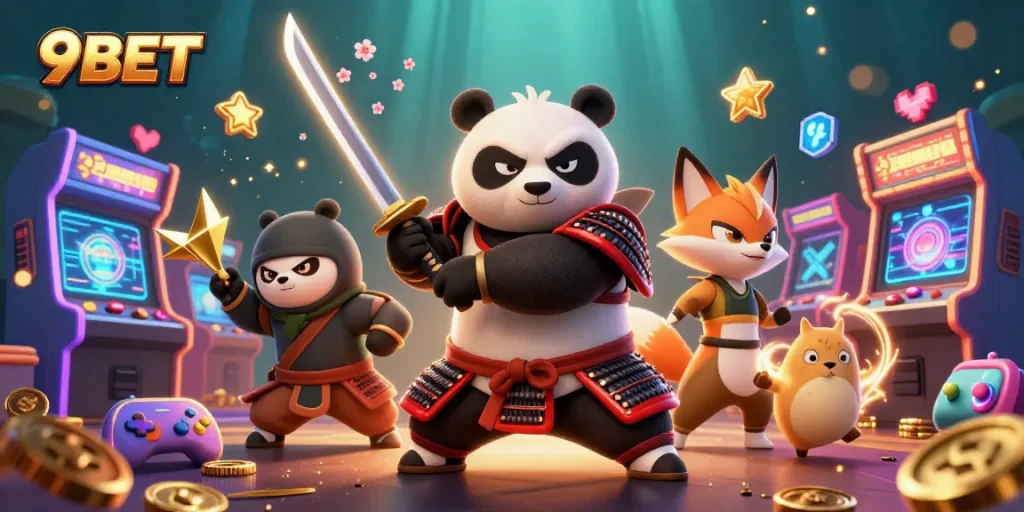 Engage with immersive 9BET gaming experiences featuring a samurai panda and ninja fox in a vibrant casino environment.