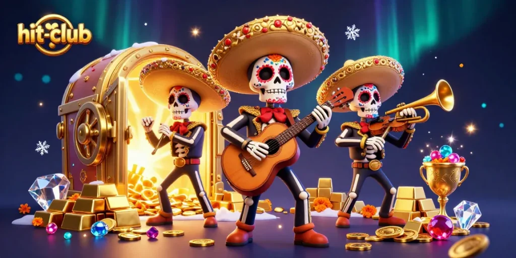 Experience the thrill at hit-club with colorful skeleton musicians amidst treasures and gems.