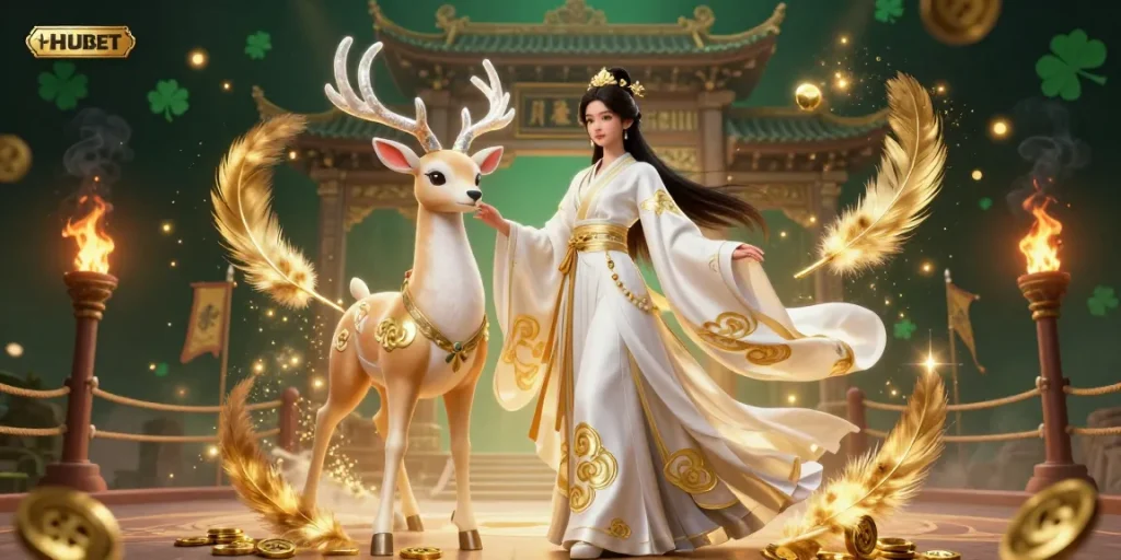 Engage in thrilling casino games at HUBET with a stunning 3D illustration of a modern hanfu-clad lady and a celestial deer.
