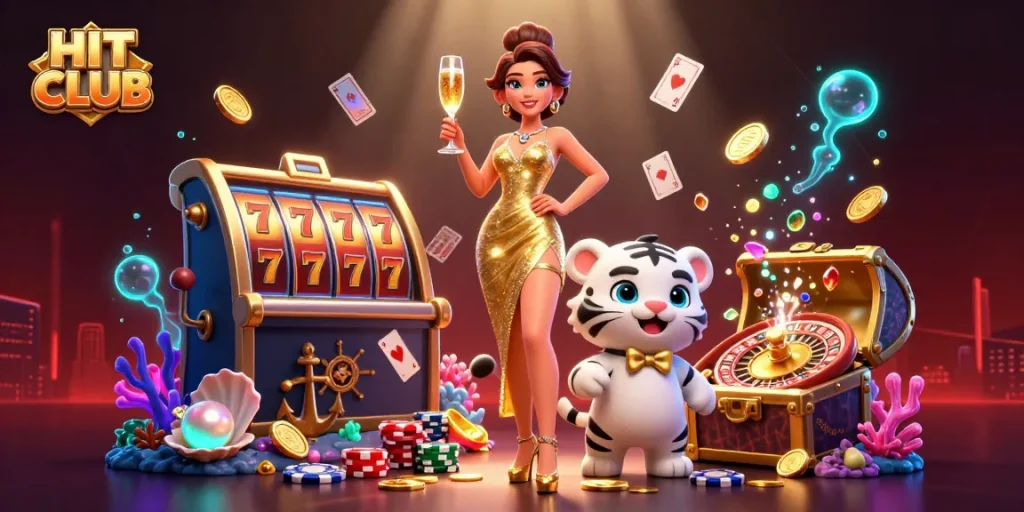 Join the HIT CLUB in an exciting casino scene with a glamorous woman and a lucky tiger, spinning slots and roulette.